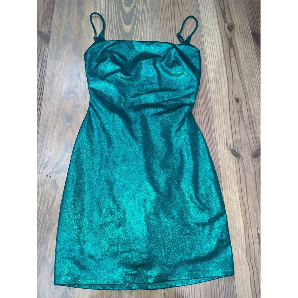 Lucy in the Sky Emerald Green Metallic Open Back Bodycon Mini Dress XS